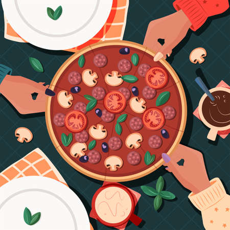 Top view of table with pizza and friends sharing. People taking slices, having a meal, with drinks. Colorful vector illustration.のイラスト素材