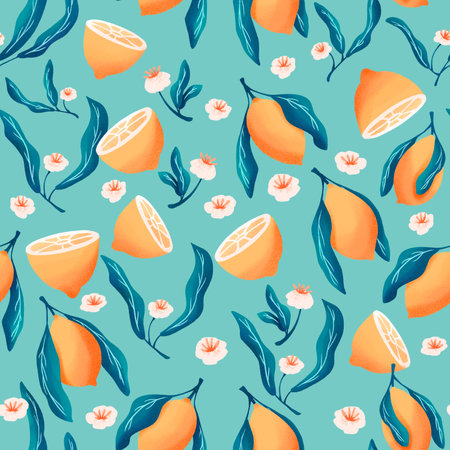 Seamless pattern with hand drawn lemons on blue background. Fruit and floral design in bright colors. Colorful illustration.の写真素材