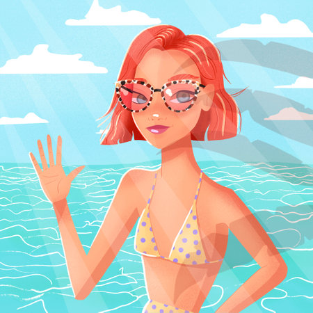 Beautiful young woman with short red hair, sunglasses and in bathing suit waving in front of ocean and clear blue sky. Colorful illustration.の写真素材