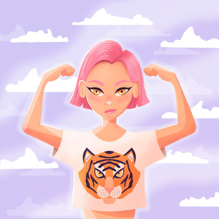 Beautiful young girl with short pink hair showing muscles wearing white shirt with tiger. Confident young woman smiling on light purple background with white clouds. Colorful illustration.の写真素材