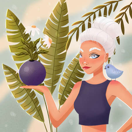 Beautiful young woman with white hair in a bun holding a vase with flowers. Confident girl with a little bird on her shoulder and floral background. Colorful illustration.の写真素材