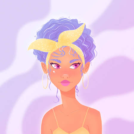 Beautiful young woman with purple curly hair, headscarf and yellow summer dress. Confident girl on purple background. Colorful illustration.の写真素材