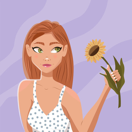 Girl with long brown hair in summer dress holding a sunflower. Beautiful confident young woman. Colorful vector illustration.のイラスト素材