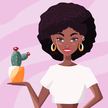 Beautiful young black woman in white shirt holding a cactus. Confident girl with afro hair and gold earrings on pink background. Colorful vector illustration.のイラスト素材