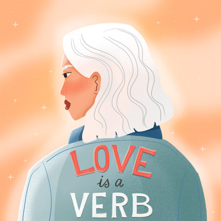 Young woman with white hair wearing a denim jacket with inscription love is a verb. Confident girl on orange background. Colorful illustration.の写真素材