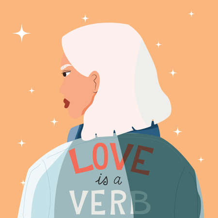 Young woman with white hair wearing a denim jacket with inscription love is a verb. Confident girl on orange background. Colorful vector illustration.のイラスト素材