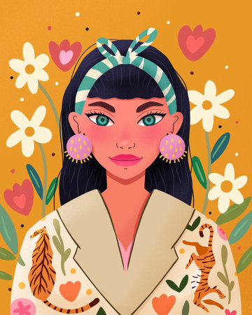 Beautiful woman on vibrant yellow background with floral elements, and tiger jacket. hand drawn colorful illustrationの写真素材