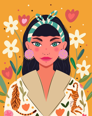Beautiful woman on vibrant yellow background with floral elements, and tiger jacket. Hand drawn colorful vector illustrationのイラスト素材