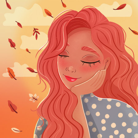 Beautiful red haired girl leaning on her hand with closed eyes, daydreaming, with autumn leaves falling and clouds. Colorful illustration.の写真素材