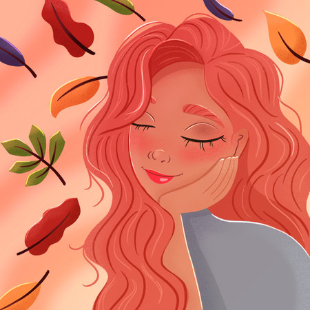 Beautiful red haired girl leaning on her hand with closed eyes, daydreaming, with autumn leaves falling and clouds. Colorful illustration.の写真素材