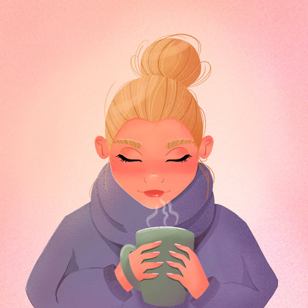 Beautiful blond girl with a messy bun holding a cup in a cozy sweater. Winter scene. Colorful illustration.の写真素材