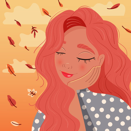 Beautiful red haired girl leaning on her hand with closed eyes, daydreaming, with autumn leaves falling and clouds. Colorful illustration. Vector.のイラスト素材