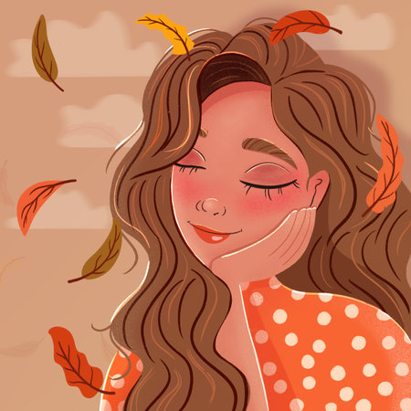 Beautiful brunette girl leaning on her hand with closed eyes, daydreaming, with autumn leaves falling and clouds. Colorful illustration.の写真素材