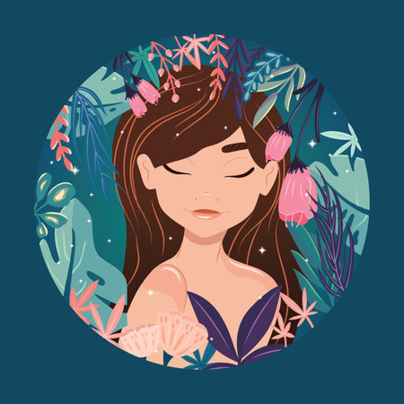 Beautiful brown haired girl with closed eyes, surrounded by exotic plants, in her own bubble. Colorful illustration. Vector.のイラスト素材