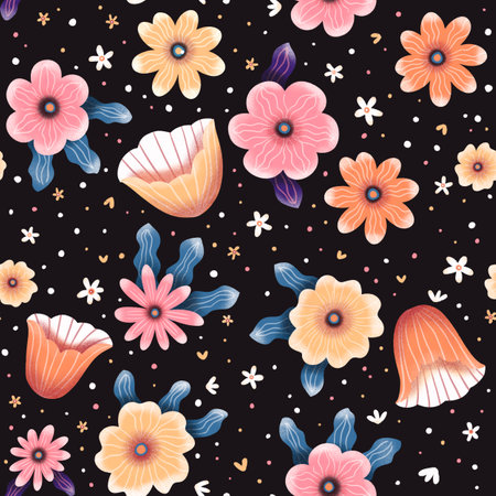 Seamless pattern with hand drawn flowers. Fantasy flowers and leaves, vibrant seasonal background. Colorful illustration.の写真素材