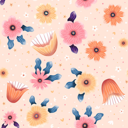 Seamless pattern with hand drawn flowers. Fantasy flowers and leaves, vibrant seasonal background. Colorful illustration.の写真素材