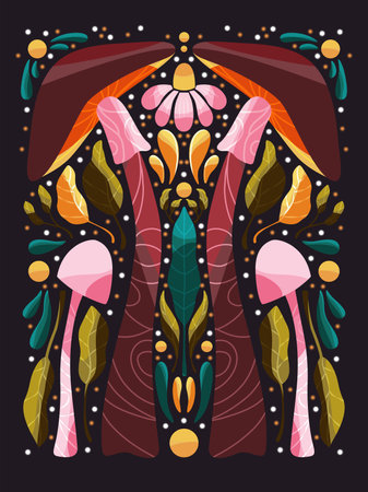 Mushrooms and flowers motifs in symmetry art style. Colorful vector illustration with floral elements, mushrooms and stars decoration.のイラスト素材