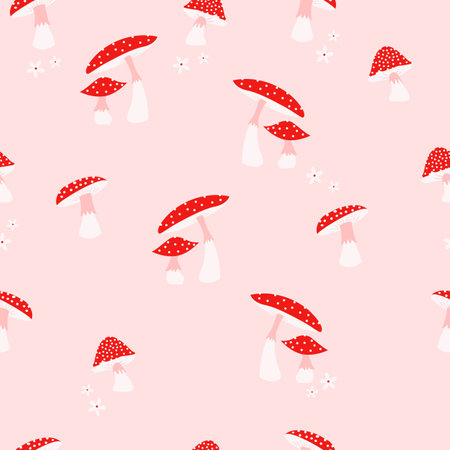 Mushroom and flower seamless pattern. Simple and elegant white and pink design Colorful vector illustration.のイラスト素材