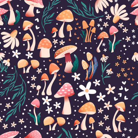 Mushroom and flower seamless pattern with beautiful florals, leaves and buds. Beautiful woodland garden in nature. Colorful vector illustration.のイラスト素材