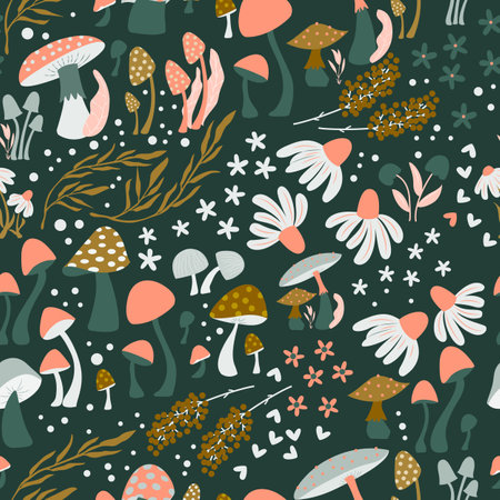 Mushroom and flower seamless pattern with beautiful florals, leaves and buds. Beautiful woodland garden in nature. Colorful vector illustration.のイラスト素材