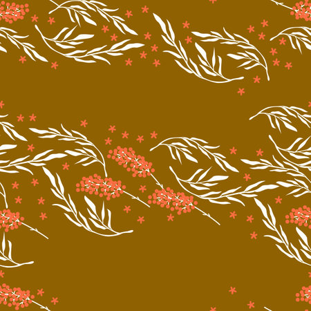 Trendy floral seamless pattern with leaves, buds, flowers and berries. Flower background illustration. Spring plants in elegant style. Colorful vector illustration.のイラスト素材