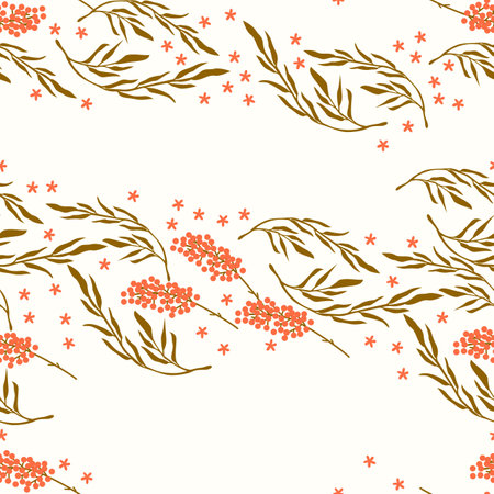 Trendy floral seamless pattern with leaves, buds, flowers and berries. Flower background illustration. Spring plants in elegant style. Colorful vector illustration.のイラスト素材