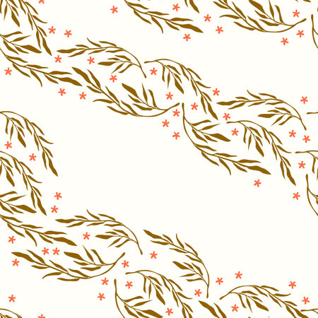 Trendy floral seamless pattern with leaves, buds, flowers and berries. Flower background illustration. Spring plants in elegant style. Colorful vector illustration.のイラスト素材