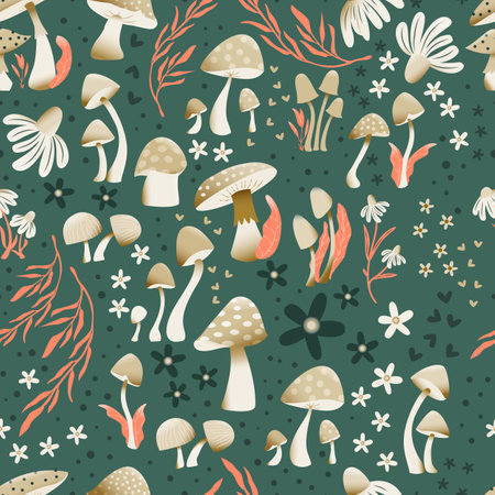 Mushroom and flower seamless pattern with beautiful florals, leaves and buds. Beautiful woodland garden in nature. Colorful vector illustration.のイラスト素材