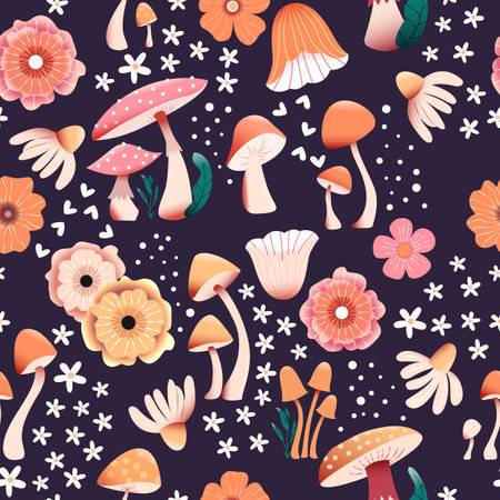 Mushroom and flower seamless pattern with beautiful florals, leaves and buds. Beautiful woodland garden in nature. Colorful vector illustration.のイラスト素材