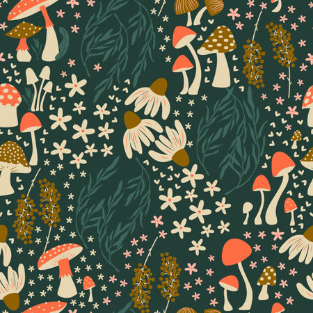 Mushroom and flower seamless pattern with beautiful florals, leaves and buds. Beautiful woodland garden in nature. Colorful vector illustration.のイラスト素材