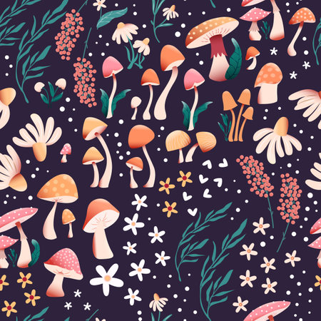 Mushroom and flower seamless pattern with beautiful florals, leaves and buds. Beautiful woodland garden in nature. Colorful vector illustration.のイラスト素材