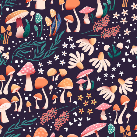 Mushroom and flower seamless pattern with beautiful florals, leaves and buds. Beautiful woodland garden in nature. Colorful vector illustration.の写真素材