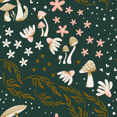 Mushroom and flower seamless pattern with beautiful florals, leaves and buds. Beautiful woodland garden in nature. Colorful vector illustration.のイラスト素材