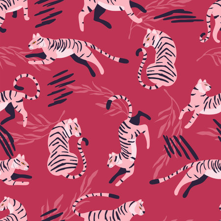 Seamless pattern with hand drawn exotic big cat pink tiger, with tropical plants and abstract elements on viva magenta background. Colorful flat vector illustrationのイラスト素材