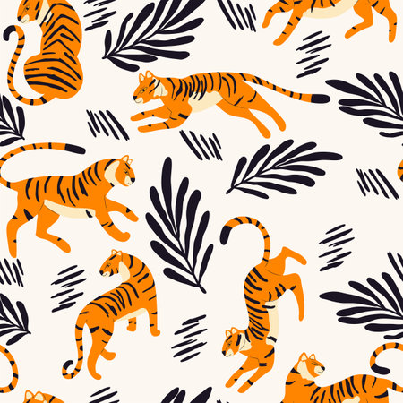 Seamless pattern with hand drawn exotic big cat tiger, with tropical plants and abstract elements on cream background. Colorful flat vector illustrationのイラスト素材