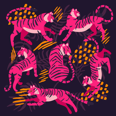 Collection of cute hand drawn bright pink tigers on purple background, standing, sitting, running and walking with exotic plants and abstract elements. Colorful vector illustrationのイラスト素材