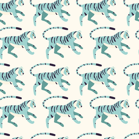 Seamless pattern with hand drawn exotic big cat tiger, in light blue on cream background. Colorful flat vector illustrationのイラスト素材