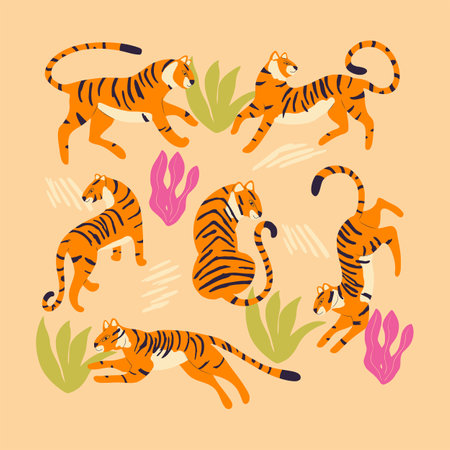 Collection of cute hand drawn tigers on light brown background, standing, sitting, running and walking with exotic plants and abstract elements. Colorful vector illustrationのイラスト素材