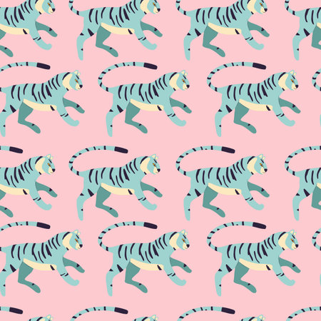 Seamless pattern with hand drawn exotic big cat tiger, in light blue, on vibrant pink background. Colorful flat vector illustrationのイラスト素材
