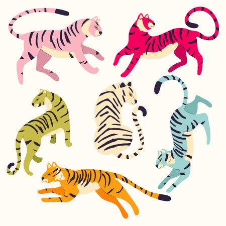 Collection of cute hand drawn tigers in different vibrant colors on white background, standing, sitting, running and walking. Colorful vector illustrationのイラスト素材