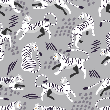 Seamless pattern with hand drawn exotic big cat white tiger, with tropical plants and abstract elements on light gray background. Colorful flat vector illustrationのイラスト素材