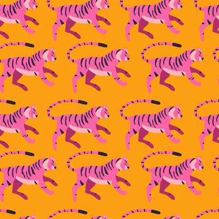 Seamless pattern with hand drawn exotic big cat tiger, in bright pink, on vibrant yellow background. Colorful flat vector illustrationのイラスト素材