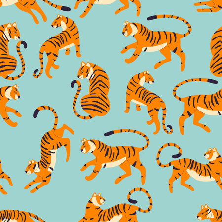 Seamless pattern with hand drawn exotic big cat tiger, on light blue background. Colorful flat vector illustrationのイラスト素材