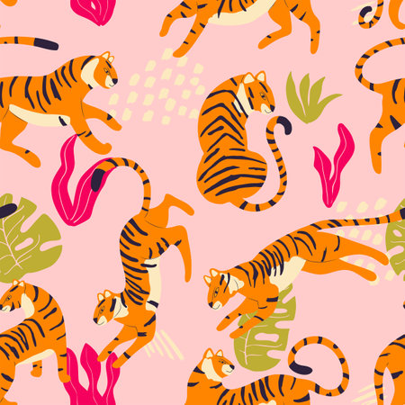 Seamless pattern with hand drawn exotic big cat tiger, with tropical plants and abstract elements on light pink background. Colorful flat vector illustrationのイラスト素材