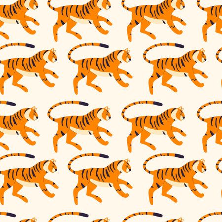 Seamless pattern with hand drawn exotic big cat tiger, on cream background. Colorful flat vector illustrationのイラスト素材