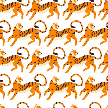 Seamless pattern with hand drawn exotic big cat tiger, on cream background. Colorful flat vector illustrationのイラスト素材