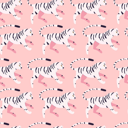 Seamless pattern with hand drawn exotic big cat white tiger, on bright pink background. Colorful flat vector illustrationのイラスト素材