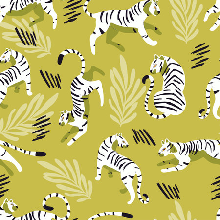Seamless pattern with hand drawn exotic big cat white tiger, with tropical plants and abstract elements on light green background. Colorful flat vector illustrationのイラスト素材