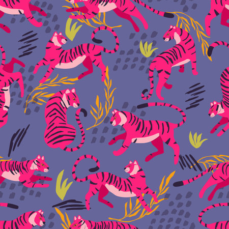Seamless pattern with hand drawn exotic big cat tiger, in bright pink, with tropical plants and abstract elements on purple background. Colorful flat vector illustrationのイラスト素材