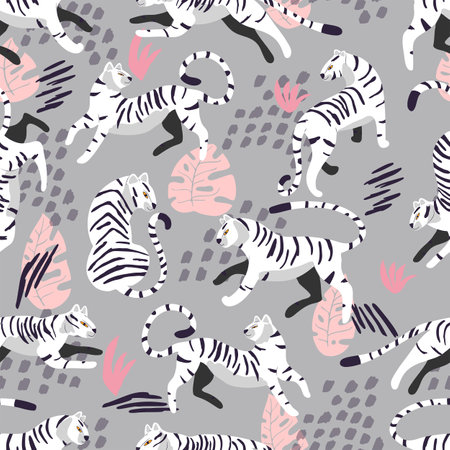 Seamless pattern with hand drawn exotic big cat white tiger, with tropical plants and abstract elements on light grey background. Colorful flat vector illustrationのイラスト素材
